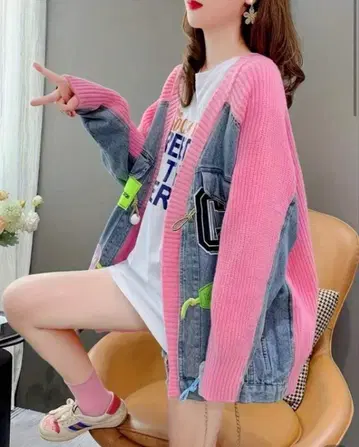 한국 브랜드 새상품 패치 오버 사이즈 데님 자켓 가디건