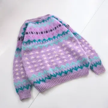 빈티지 꽃무늬 튤립 패턴 모헤어 니트 퍼플 B8