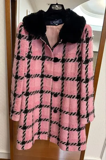 M'S GRACY 핑크와 블랙 체크 무늬 코트 울 38