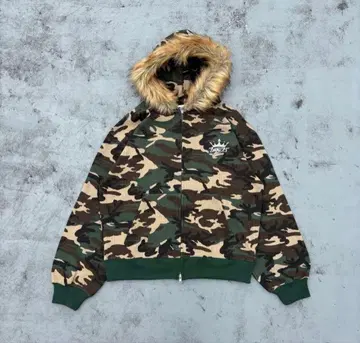 9090 카모 패턴 퍼 후드티