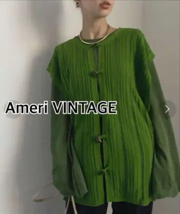 Ameri 아메리빈티지 우드 버튼 베스트&니트탑 세트 그린
