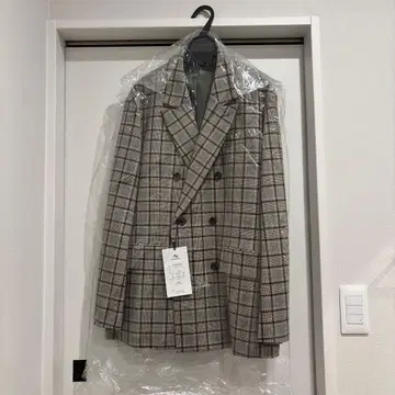 미사용 그레이 체크 무늬 더블 브레스트 자켓