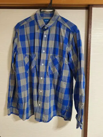 재인하! B1 BEAMS 긴팔 셔츠 XL 파랑과 그레이 체크 무늬 남성용