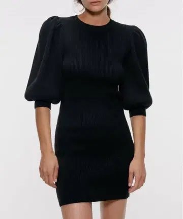 [택 포함 새상품] ZARA 자라 리브 니트 원피스 퍼프 슬리브 블랙 M