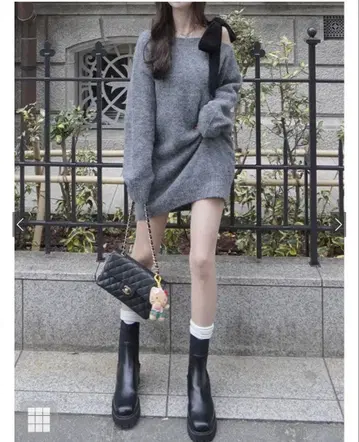 [택 포함] 원숄더 리본 니트 원피스