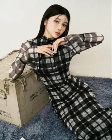 Darich 파이핑 체크 레이스 롱 원피스