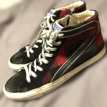 골든구스 SLIDE 빨간색 버팔로 체크 x 블랙 스웨이드 42