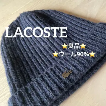 고품질 미사용급 라코스테 리브 니트 모자 네이비 울 90%