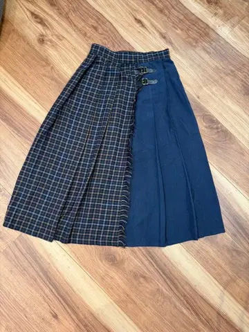플리츠 스커트 네이비 그레이 체크 무늬