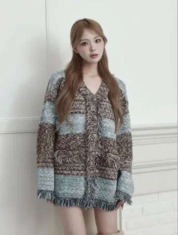 arich 트위드 보더 니트 가디건 (색상: SAX, F)