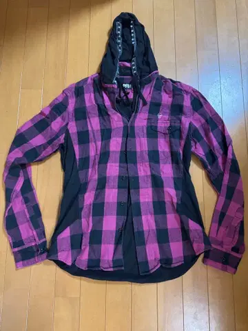 PPFM 후드 부착 핑크 블랙 체크 셔츠 M 사이즈