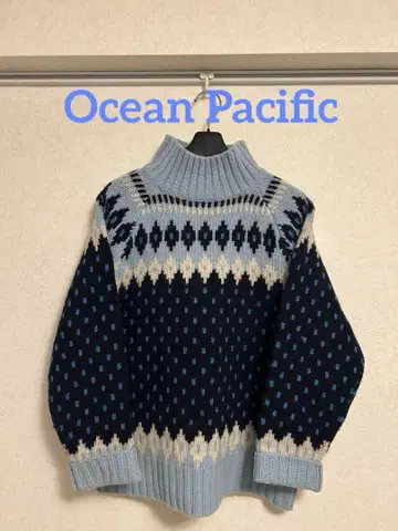 오션 퍼시픽 니트 하이넥 페어아일 패턴 블루 계열