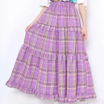 PUNYUS 체크 프릴 티어드 롱 스커트 퍼플
