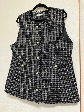 3L 빅 사이즈 트위드 펄 버튼 베스트 자켓