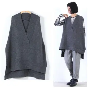 미즈이로 인드 니트 베스트 그레이 깊은 V넥 울 미즈이로 인드