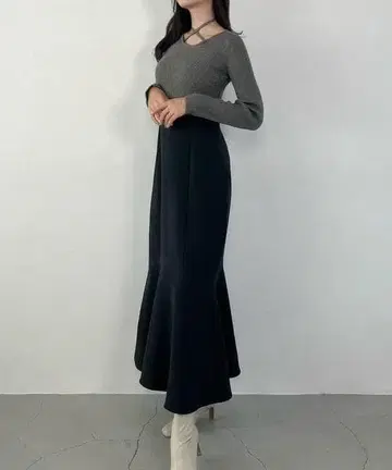 JUNOAH 리브 니트 리본 초커 머메이드 원피스 L 사이즈