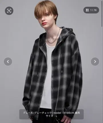 루즈 데미지 체크 후드 셔츠 블랙 M 사이즈