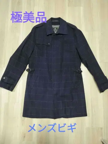 극미품 남성용 비기 네이비 체크 스텐카라 코트