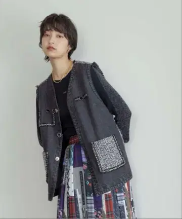 새상품급 데님 트위드 베스트 지레