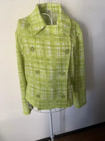 옐로우 그린 캐주얼 레트로 체크 더블 자켓 9AR