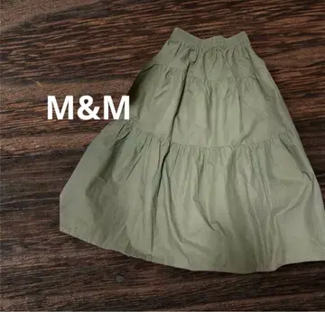 M&M 브로치 올리브색 코튼 100% 롱 플레어 스커트