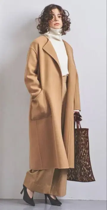 유나이티드 애로우즈 더블 페이스 노카라 롱 코트 카멜 36