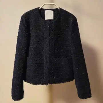 에스트네이션 프린지 트위드 노카라 자켓 36 네이비