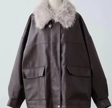 RMAF 퍼 티펫 인조 가죽 블루종 브라운