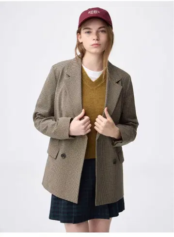 택 포함 미사용 GU 더블 브레스트 체크 자켓 XS 브라운