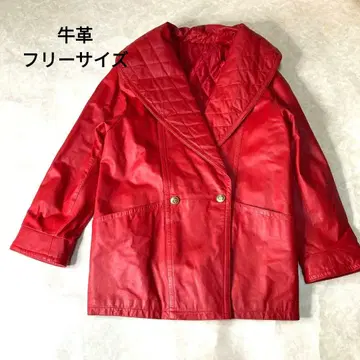 빨간색 가죽 자켓 하프 코트 소가죽 버블리 퀼팅 더블 브레스트