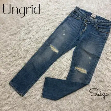 Ungrid 테이퍼드 데님 팬츠 블루 데미지 페이즐리 무늬 구제 의류