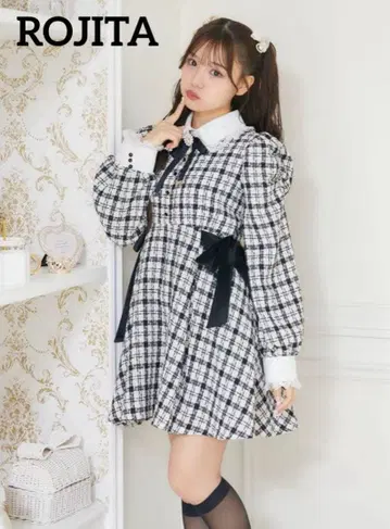 [ 새상품급 ] ROJITA 트위드 체크 트리플 리본 원피스 콜라보
