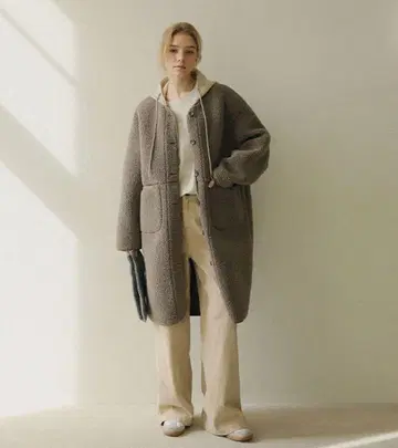 ROOMPACKER 플리스 보아 롱 코트 후드 부착