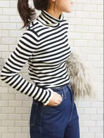 Spick & Span 울 100% 리브 터틀넥 화이트/블랙