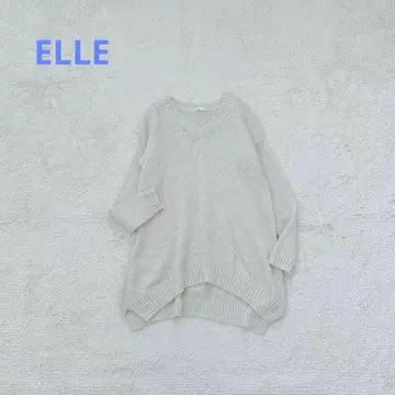 ELLE 풀오버 니트 사이드 슬릿 V넥 드롭 숄더 라메