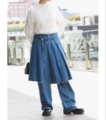 택 포함 Raybeams 데님 플리츠 스커트 세트 팬츠