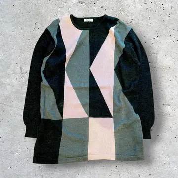 빈티지 지오메트릭 패턴 니트 튜닉 그레이 핑크