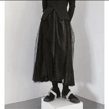 빈티지 튤 벨벳 롱 스커트 레이스 플리츠