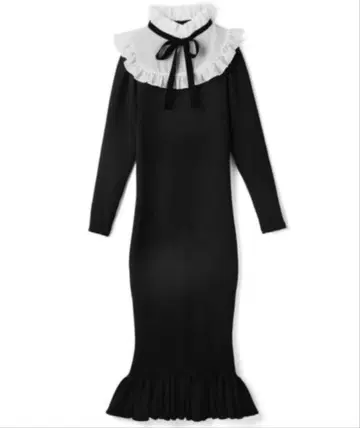 요크 프릴 리본 롱 니트 원피스 하운드투스 체크 패턴 백 부착