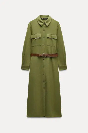 ZARA 셔츠 원피스 미디엄 카키 벨트 없음