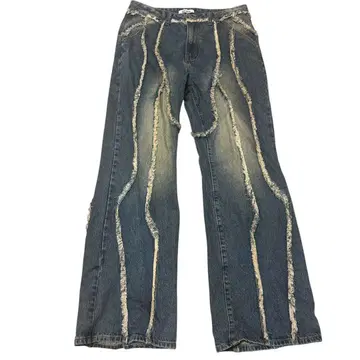 프린지 가공 다크 블루 데님 플레어 팬츠