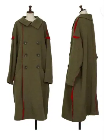Y's 카키와 빨간색 더블 브레스트 롱 코트