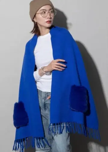 lodie 2025 신상 퍼 포켓 니트 가디건 스톨 블루