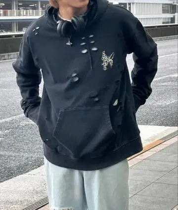 stan 데미지 가공 블랙 후드 부착 후드티