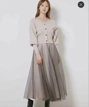 SNIDEL 튤 콤비 크롭 니트 원피스 SWNO225059