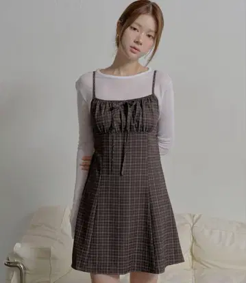 스프레이 체크 원피스 브라운
