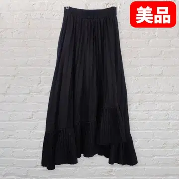 플리츠 절개 롱 스커트 블랙 허리밴딩 플레어 심플