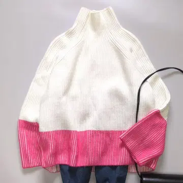 미카레미카레 세탁 가능한 리브 바이컬러 터틀넥 니트 루즈핏