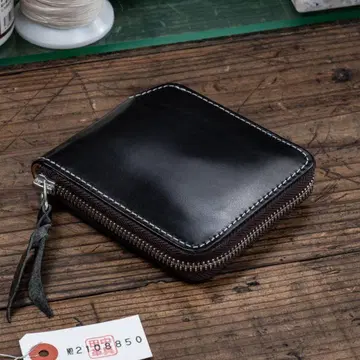 피아노 블랙 풀 가죽 남성용 2단 천연 가죽 지갑 라운드 지퍼 블랙