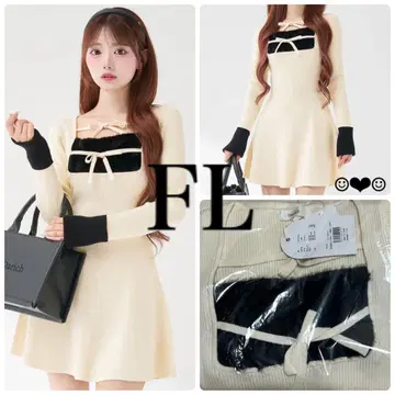 Darich 리본 퍼 플레어 니트 미니 원피스 화이트 FL